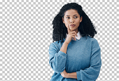 Buy stock photo Woman, hand and thinking solution for idea brainstorming, thoughts or isolated on transparent png background. Black female person, contemplating and emoji face for question, wonder or problem solving