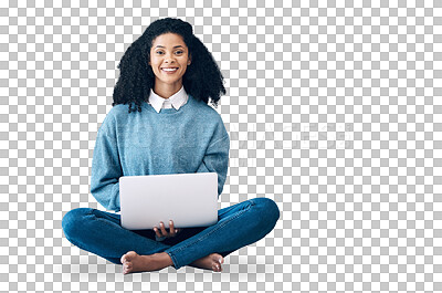 Buy stock photo Portrait, laptop and a black woman student isolated on a transparent background to study for university. Computer, learning and education with a happy young pupil on PNG for scholarship or elearning