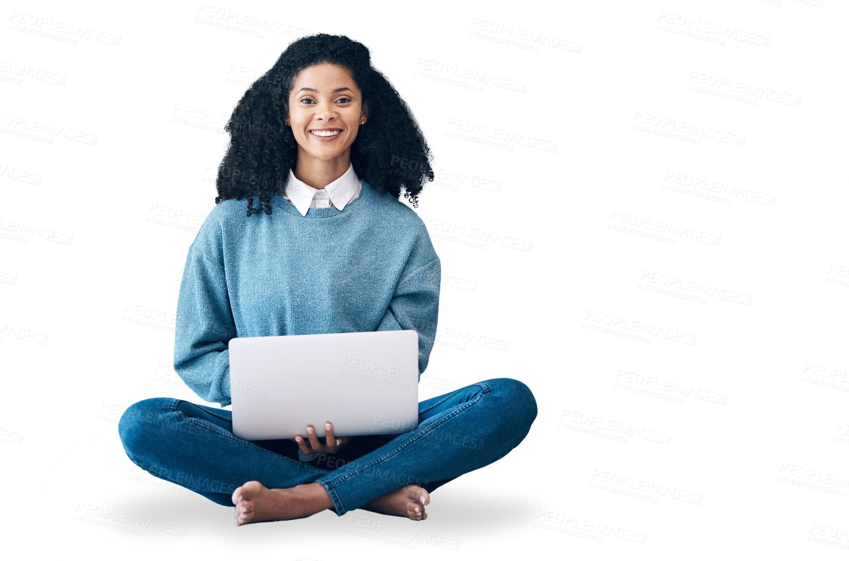 Buy stock photo Portrait, laptop and a black woman student isolated on a transparent background to study for university. Computer, learning and education with a happy young pupil on PNG for scholarship or elearning