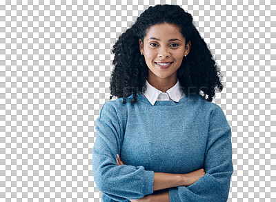 Business woman, happy portrait and smile with arms crossed for professional leader mockup space. Face of Colombia entrepreneur black person with motivation, pride and smile for vision grey background
