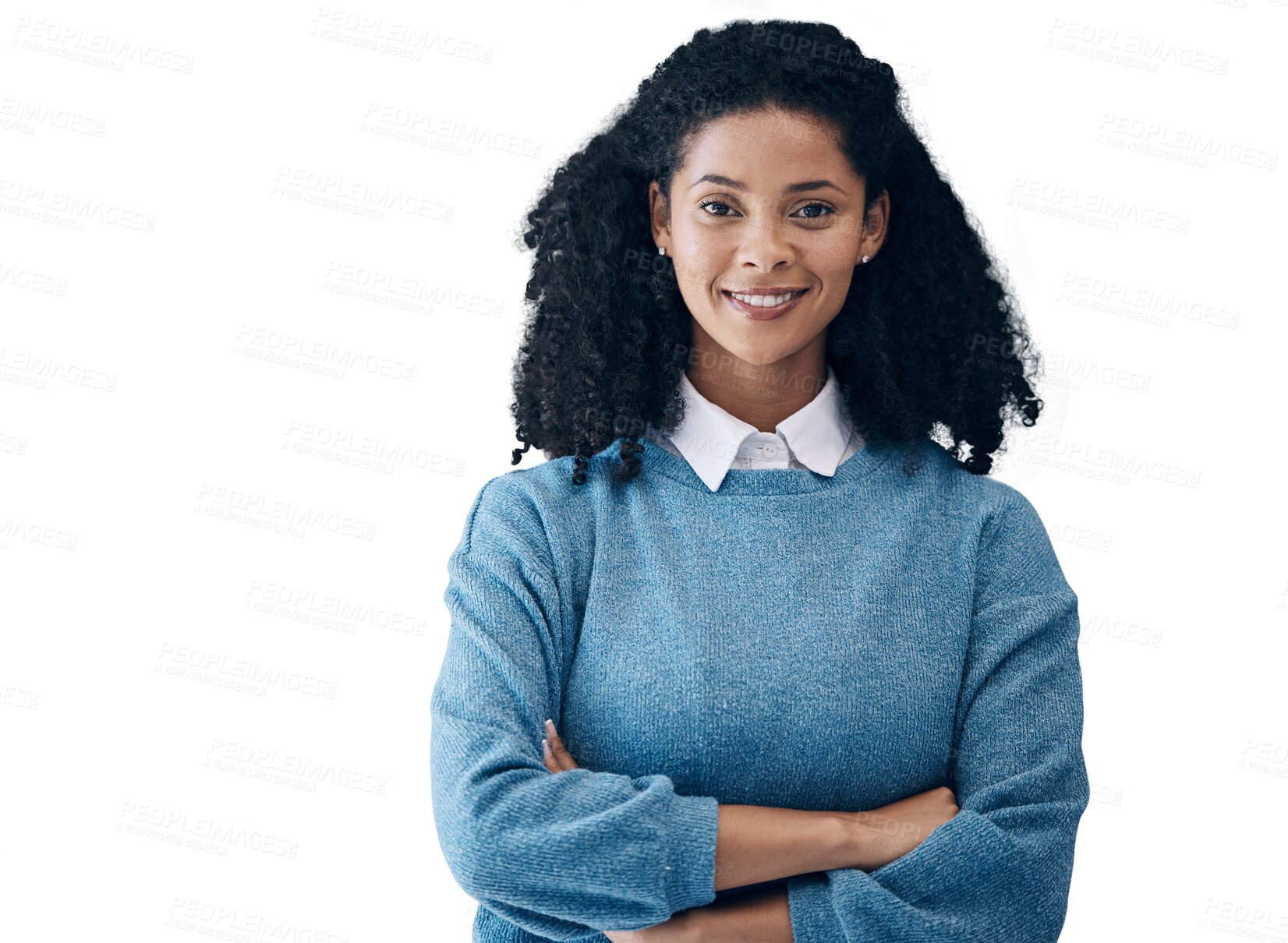 Buy stock photo Happy, business woman with arms crossed and portrait isolated on transparent png background. Face of confident entrepreneur, creative professional and designer or employee in South Africa at startup
