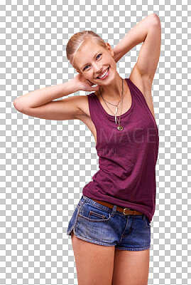 Buy stock photo Happy, portrait and young woman in casual fashion or clothes and denim shorts with confidence. Teenager model or student from USA in cool and trendy style isolated a transparent, png background