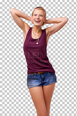 Buy stock photo Portrait, funny and woman with a smile, fashion and confident girl isolated on a transparent background. Person, aesthetic and model with happiness, cheerful and joy with png, relax and casual outfit