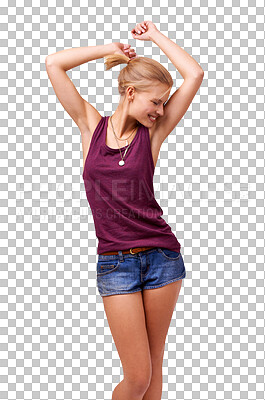 Buy stock photo Smile, dance and woman in celebration of success, winning and achievement, freedom or victory. Happy blonde person moving with energy at party, music and action isolated on transparent png background