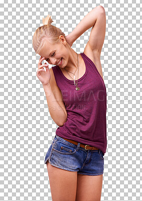 Buy stock photo Funny, dancing and woman with a smile, excited and happiness isolated on a transparent background. Person, girl and model with energy, wellness and silly with a joke, laugh or png with humor or goofy