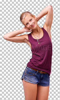 Buy stock photo Portrait, smile and woman with hands behind head isolated on a transparent png background. Relax, blonde person stretching arms and body, stylish clothes and freedom for casual fashion in Switzerland