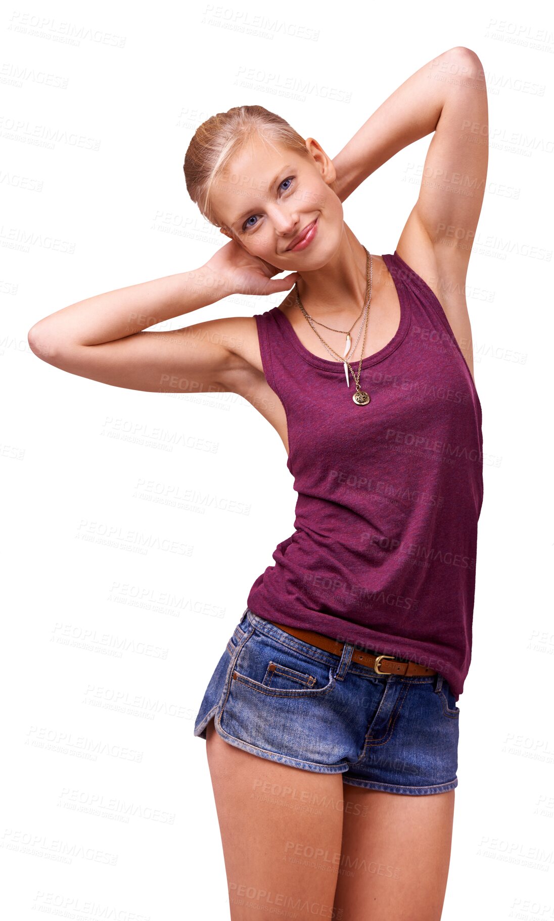 Buy stock photo Portrait, smile and woman with hands behind head isolated on a transparent png background. Relax, blonde person stretching arms and body, stylish clothes and freedom for casual fashion in Switzerland