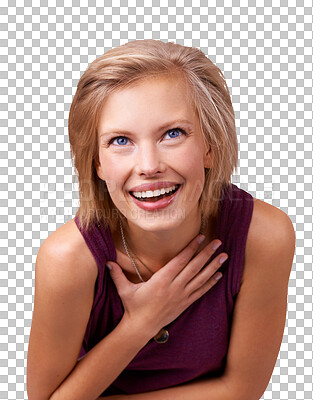 Buy stock photo Face, surprise and laughing with a woman isolated on a transparent background for comedy or humor. Wow, funny or smile and a happy young person on PNG with laughter for a comic, meme or joke