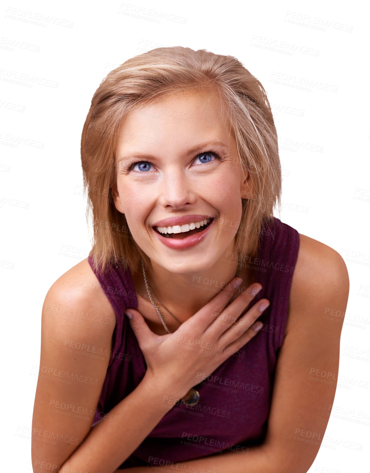 Buy stock photo Face, surprise and laughing with a woman isolated on a transparent background for comedy or humor. Wow, funny or smile and a happy young person on PNG with laughter for a comic, meme or joke