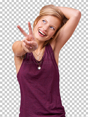 Buy stock photo Woman, peace sign and smile or summer style as casual clothes outfit, isolated on transparent png background. Female person, v hand gesture and calm hippie emoji or positivity, happy or cool attitude