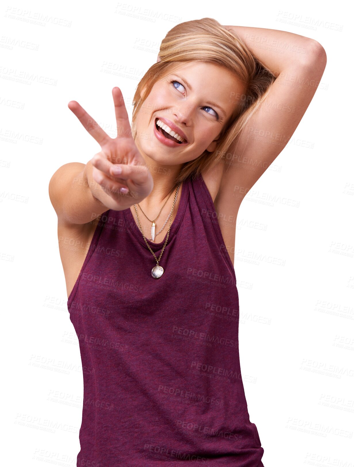 Buy stock photo Woman, peace sign and smile or summer style as casual clothes outfit, isolated on transparent png background. Female person, v hand gesture and calm hippie emoji or positivity, happy or cool attitude