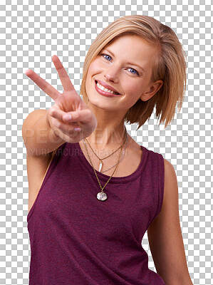 Buy stock photo Portrait, smile and woman with peace, sign and confident girl isolated on a transparent background. Face, person and model with v symbol, emoji and icon with review, freedom and happiness with png