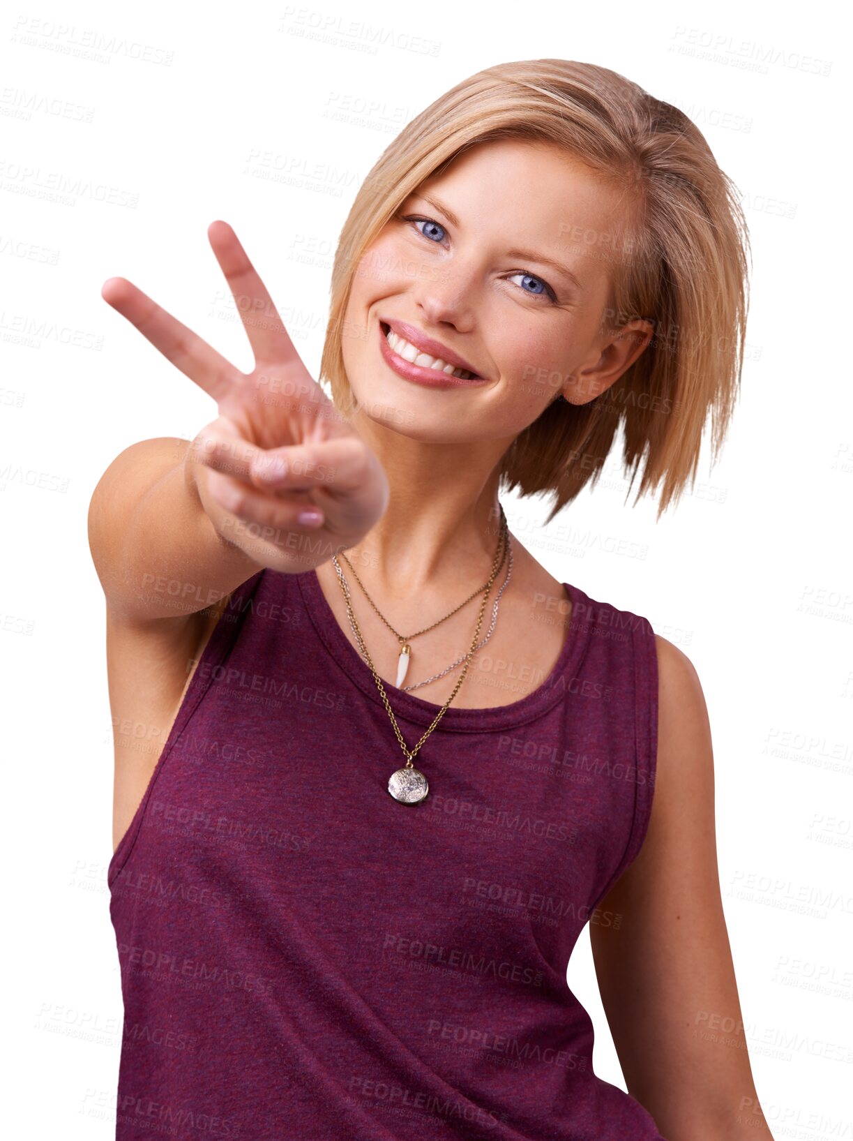 Buy stock photo Portrait, smile and woman with peace, sign and confident girl isolated on a transparent background. Face, person and model with v symbol, emoji and icon with review, freedom and happiness with png