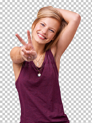 Buy stock photo Portrait, peace and woman with a sign, support and feedback isolated on transparent background. Face, person and model with v symbol, review and icon with png, winner and smile with opinion and happy