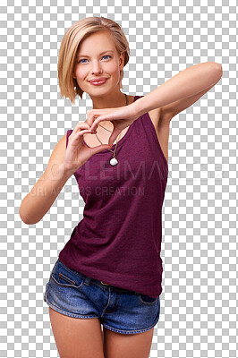 Buy stock photo Love, heart hands and portrait of woman with smile isolated on transparent png background with peace. Like, support and care gesture, happy model girl with kindness emoji, opinion and gratitude icon.