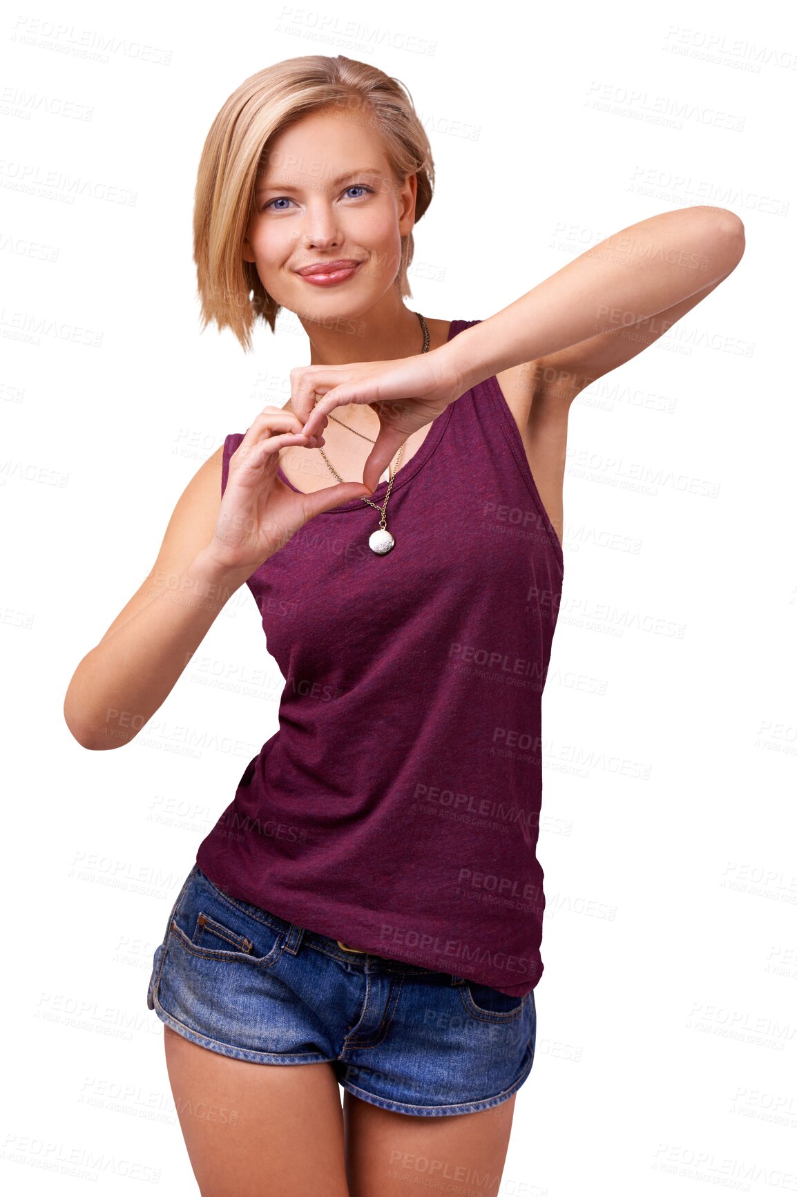 Buy stock photo Love, heart hands and portrait of woman with smile isolated on transparent png background with peace. Like, support and care gesture, happy model girl with kindness emoji, opinion and gratitude icon.