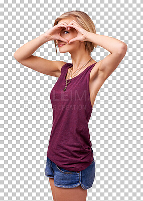 Buy stock photo Portrait, love and heart hands for valentines day with a woman isolated on a transparent background. Fashion, emoji and romance with a happy young person looking trendy on PNG to date or flirt