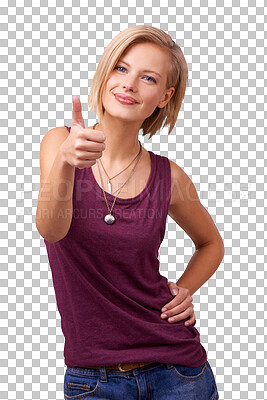 Buy stock photo Young, woman and portrait with thumbs up for choice, offer or option with yes for decision. Female model, person or smile for casual fashion on isolated or transparent png background for cool clothes