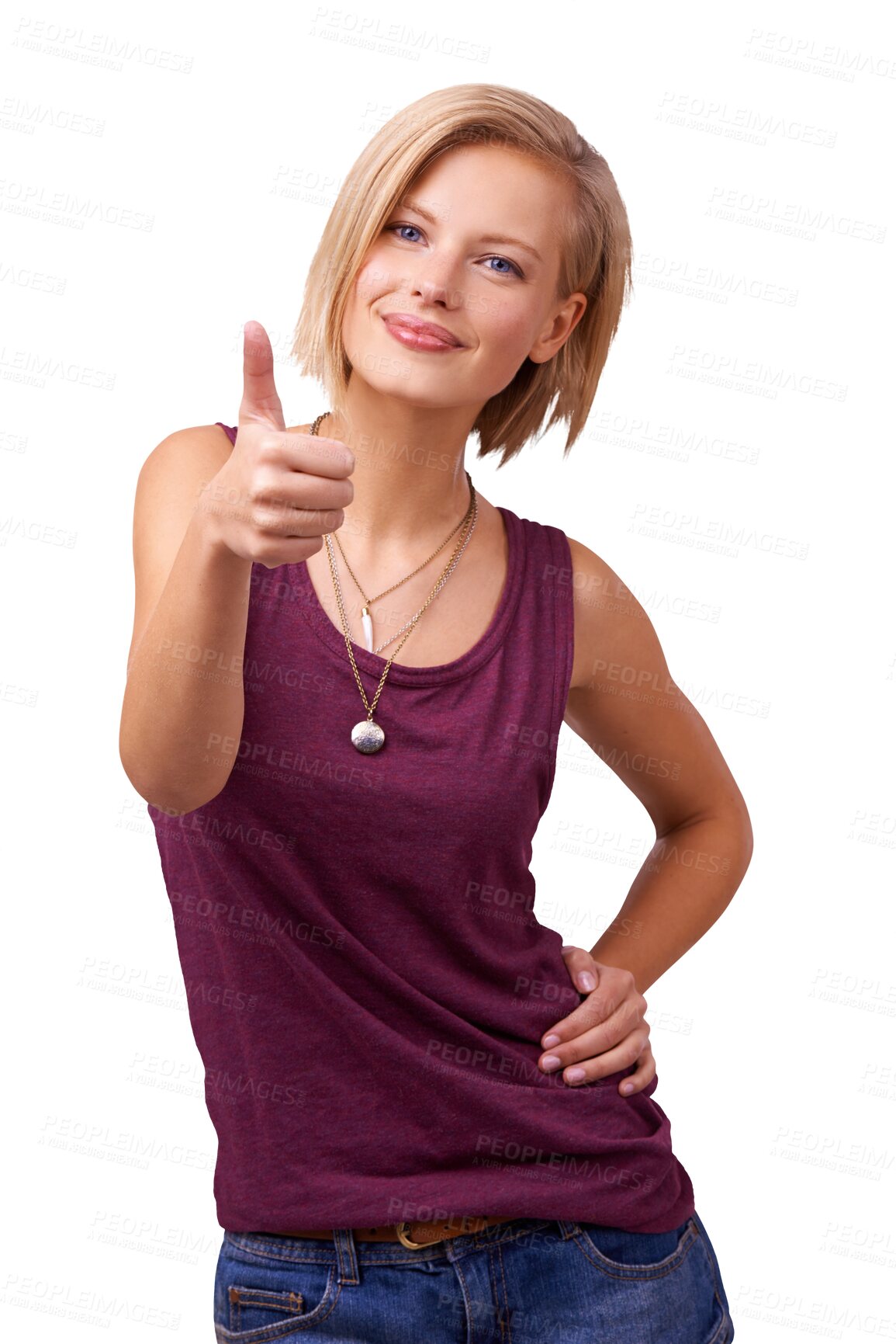 Buy stock photo Young, woman and portrait with thumbs up for choice, offer or option with yes for decision. Female model, person or smile for casual fashion on isolated or transparent png background for cool clothes