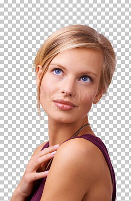 Buy stock photo Face, idea and memory with a woman isolated on a transparent background for thoughtful contemplation. Thinking, question or future with a happy young person fantasy, planning or wondering on PNG