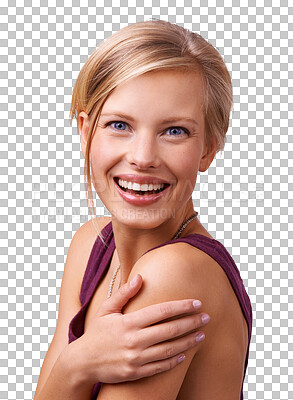 Buy stock photo Excited, beauty portrait and skincare of woman isolated on a transparent png background. Face of happy person in natural cosmetics, spa facial treatment and funny laugh, touching skin and dermatology