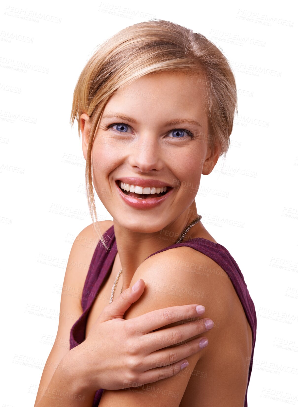 Buy stock photo Excited, beauty portrait and skincare of woman isolated on a transparent png background. Face of happy person in natural cosmetics, spa facial treatment and funny laugh, touching skin and dermatology