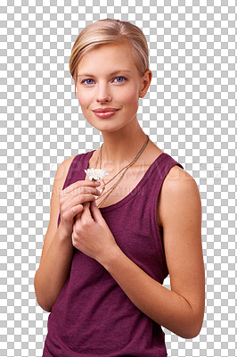 Buy stock photo Happy woman, portrait and flower for natural care standing isolated on a transparent PNG background. Face of female person or model smile with white floral plant, blossom or love for nature growth