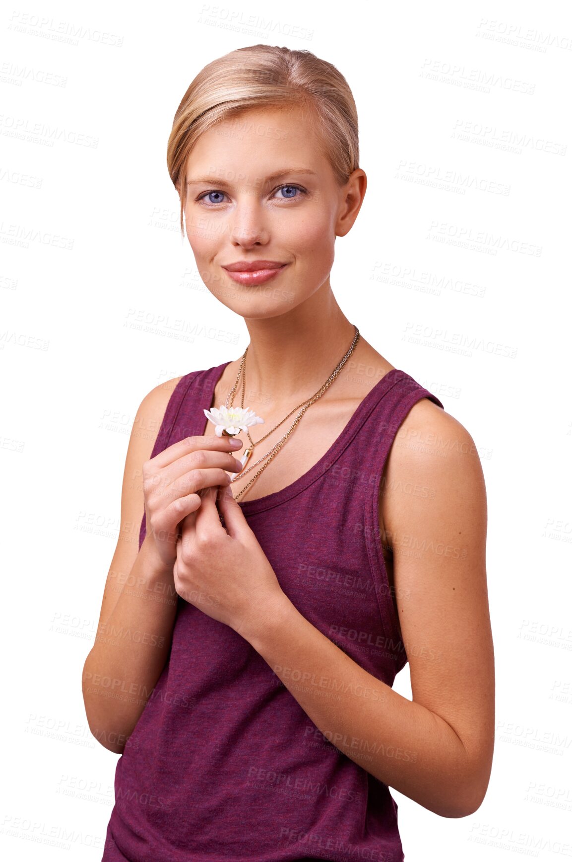 Buy stock photo Happy woman, portrait and flower for natural care standing isolated on a transparent PNG background. Face of female person or model smile with white floral plant, blossom or love for nature growth