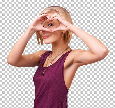 Buy stock photo Portrait, woman and heart hand by eye for love, care or support with gesture. Female person, young or student with smile on face for emoji on isolated or transparent png background for cool fashion