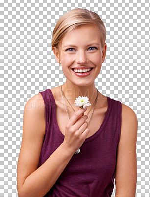 Buy stock photo Happy woman, portrait and smile with flower for natural beauty or care isolated on a transparent PNG background. Face of female person or model with white floral plant, blossom or love for nature