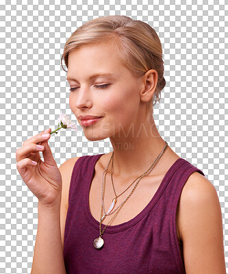 Buy stock photo Woman with eyes closed, smell flower or gift isolated on a transparent png background. Girl sniff organic floral plant, fragrance and fresh scent, natural leaf and aroma of present for young person