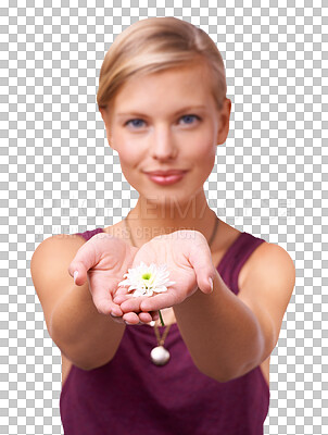 Buy stock photo Woman, portrait and hands with flower for natural beauty or care isolated on a transparent PNG background. Face or palms of female person or model with white floral plant, blossom or love for nature