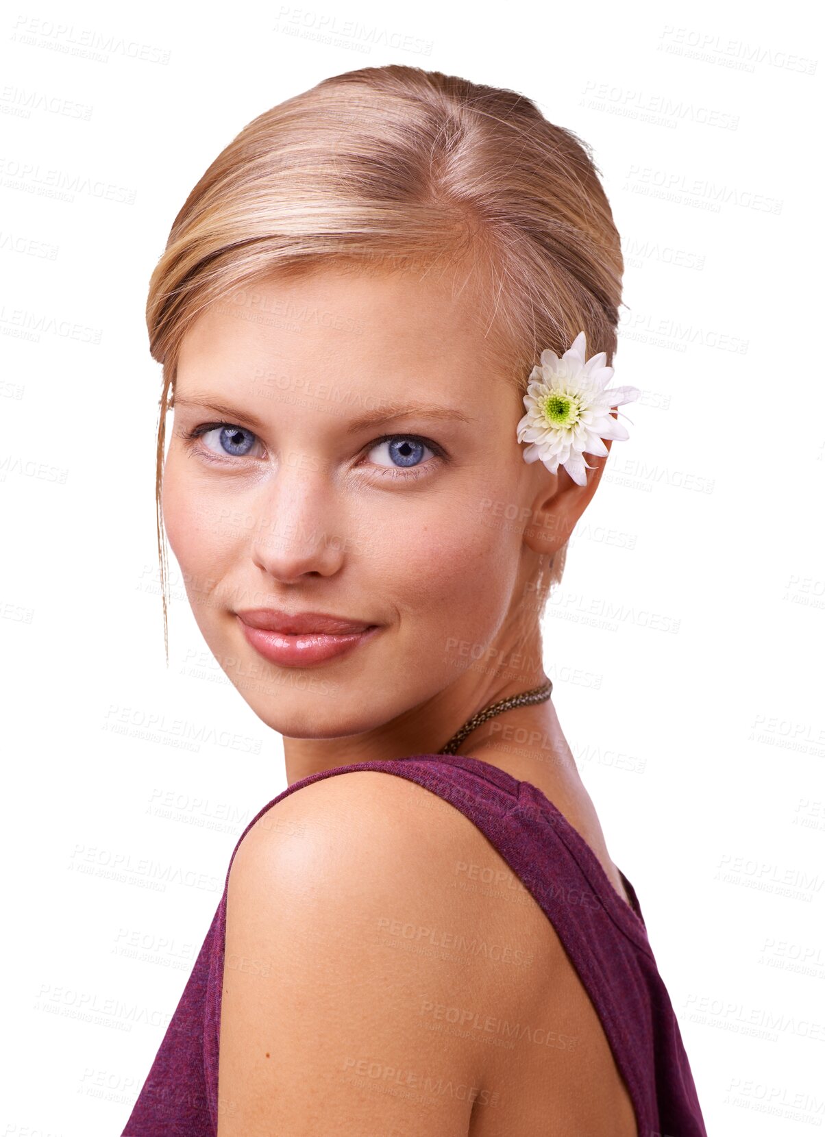 Buy stock photo Portrait, skincare and woman with flower in hair isolated on transparent png background. Face, person and natural floral cosmetics, beauty or healthy skin glow, organic facial treatment and anemone