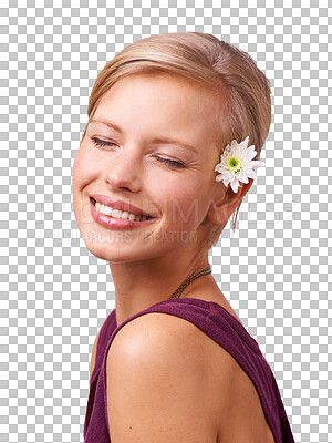 Buy stock photo Eyes closed, skincare and woman with flower in hair isolated on transparent png background. Smile, face and natural floral cosmetic, beauty or healthy skin glow, organic facial treatment and anemone