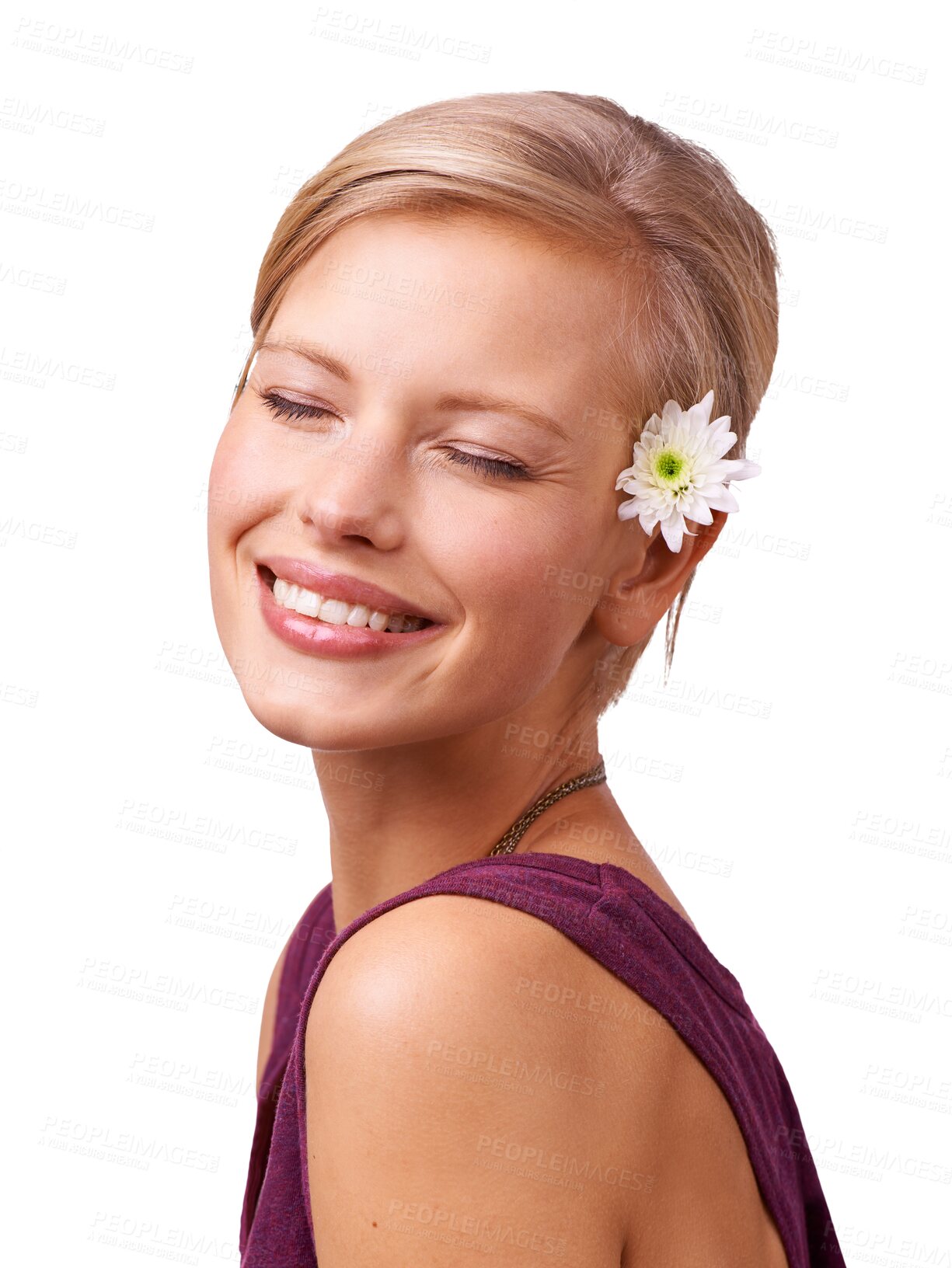 Buy stock photo Eyes closed, skincare and woman with flower in hair isolated on transparent png background. Smile, face and natural floral cosmetic, beauty or healthy skin glow, organic facial treatment and anemone