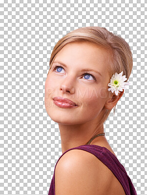 Buy stock photo Face, vision or thinking with a woman isolated on a transparent background for thoughtful contemplation. Fantasy, question or future with a happy young person on PNG for idea, planning or wondering