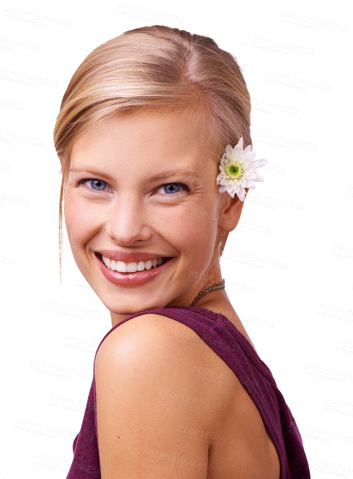 Buy stock photo Isolated woman, portrait and flower in hair, pride or spring with beauty by transparent png background. Girl, happy and floral decoration with face, excited and clothes for fashion in summer plant