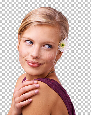 Buy stock photo Face, vision and idea with a woman isolated on a transparent background for thoughtful contemplation. Fantasy, thinking or question with a happy young person on PNG for planning or a memory on PNG