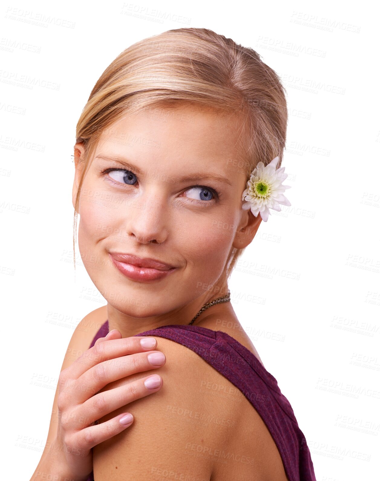 Buy stock photo Face, vision and idea with a woman isolated on a transparent background for thoughtful contemplation. Fantasy, thinking or question with a happy young person on PNG for planning or a memory on PNG