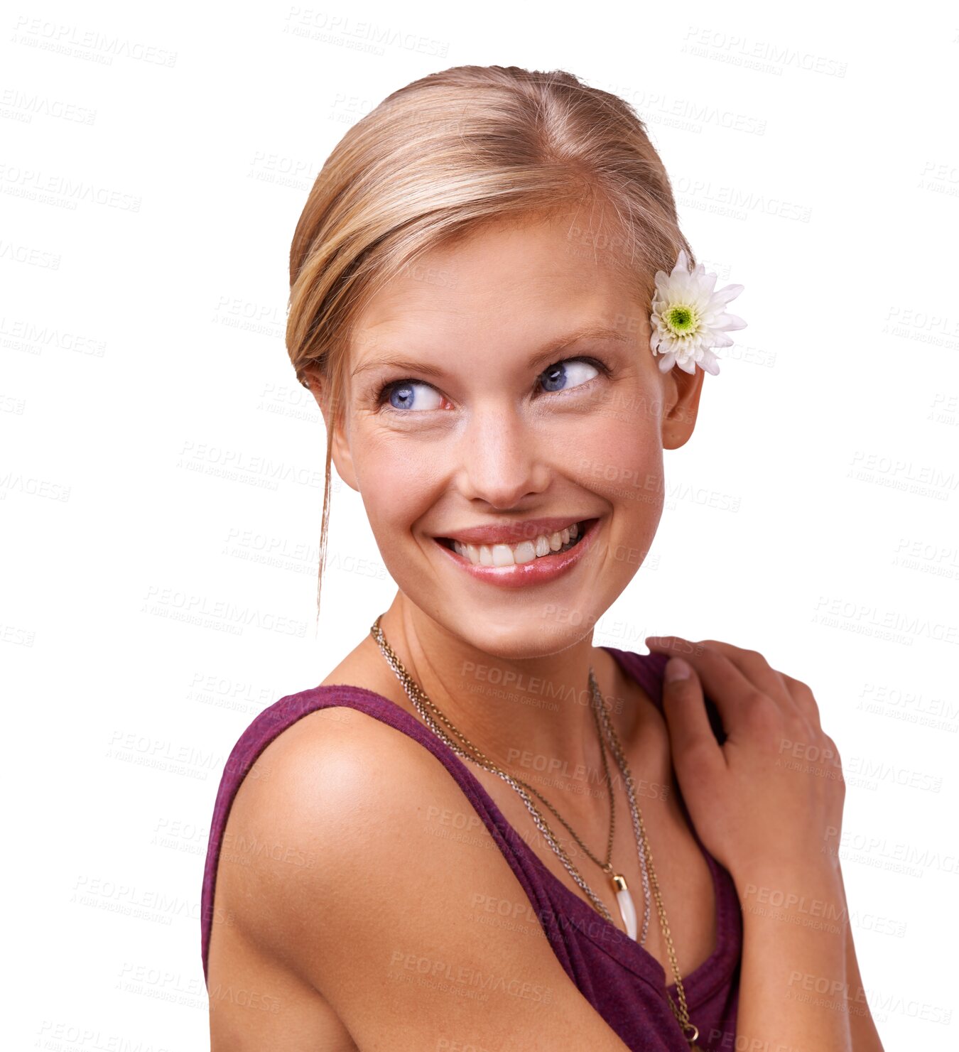 Buy stock photo Face, thinking and smile with a woman isolated on a transparent background for thoughtful contemplation. Question, future or memorywith a happy young person fantasy, planning or wondering on PNG