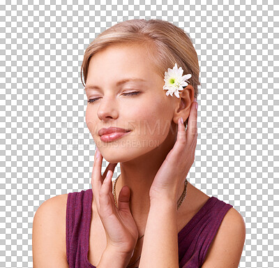 Buy stock photo Flower, skincare touch and woman with eyes closed isolated on a transparent png background. Face, hands and person in natural floral cosmetics, organic facial treatment and health, beauty and anemone