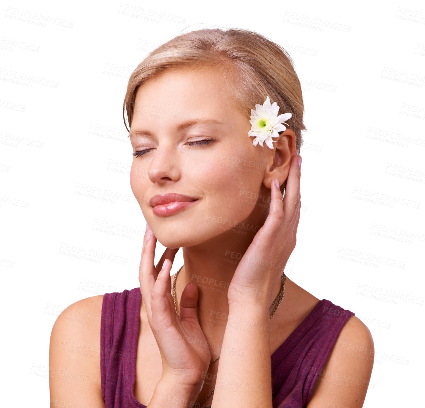 Buy stock photo Flower, skincare touch and woman with eyes closed isolated on a transparent png background. Face, hands and person in natural floral cosmetics, organic facial treatment and health, beauty and anemone