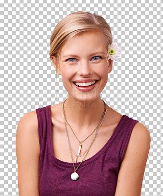 Buy stock photo Flower in hair, skincare and portrait of happy woman isolated on a transparent png background. Face, person in natural floral cosmetics and organic facial treatment, health or funny laugh for beauty