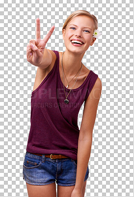 Buy stock photo Portrait, fashion and woman with peace, sign and confident girl isolated on a transparent background. Face, person and model with v symbol, excited or icon with review, happy and happiness with png