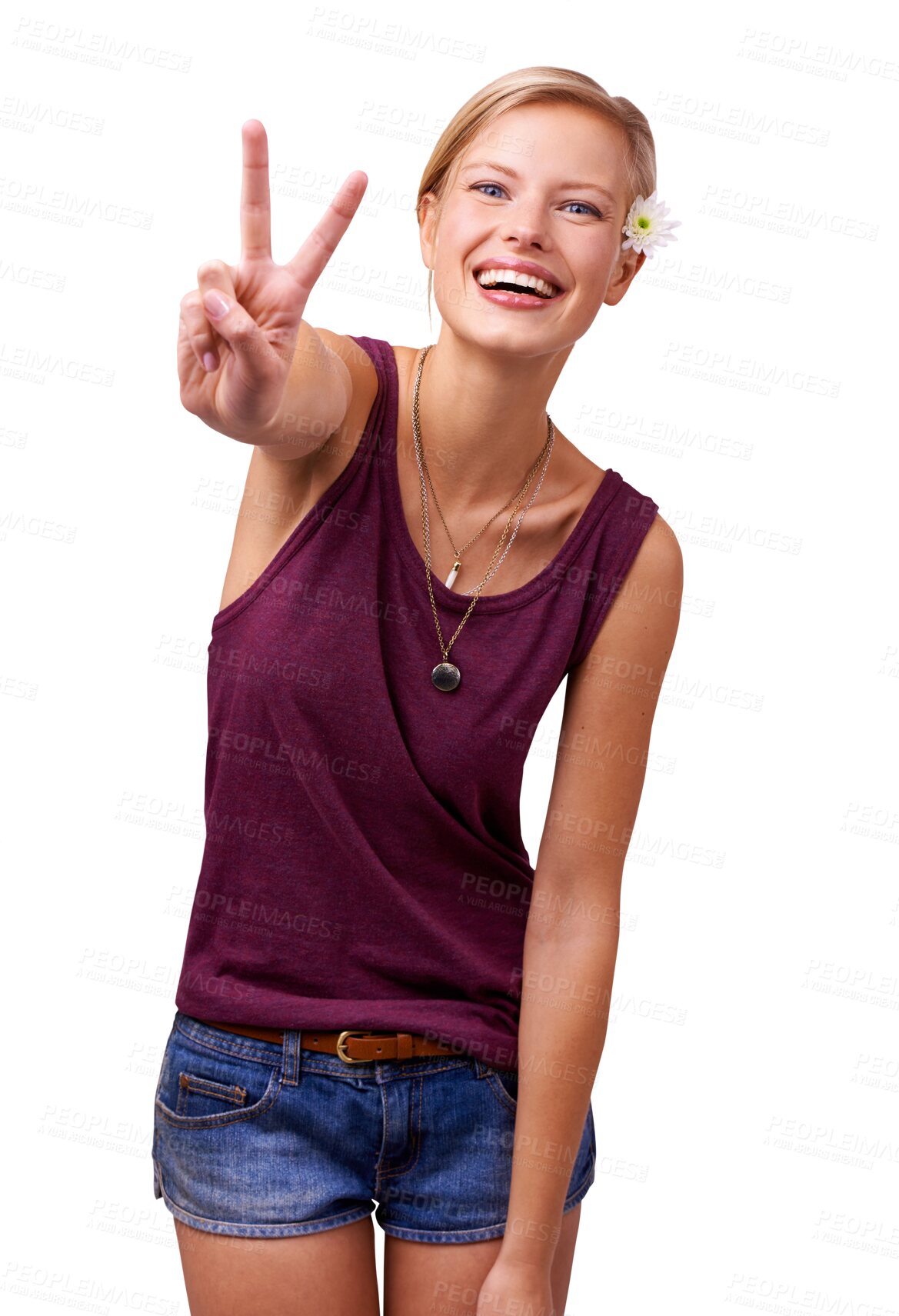 Buy stock photo Portrait, fashion and woman with peace, sign and confident girl isolated on a transparent background. Face, person and model with v symbol, excited or icon with review, happy and happiness with png