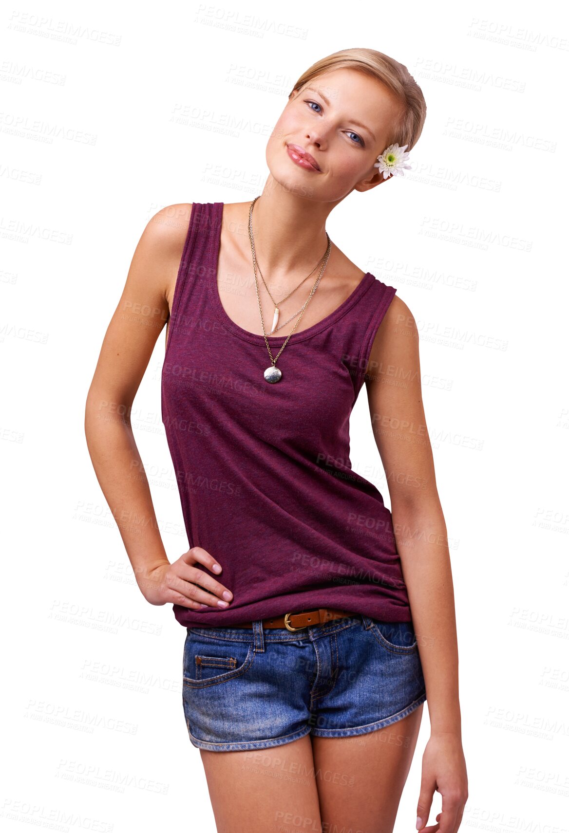 Buy stock photo Portrait, fashion and flower with a woman isolated on a transparent background for trendy style. Model, summer and a happy young person on PNG in a casual clothes outfit with natural confidence