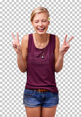 Buy stock photo Funny, feedback or woman with peace, sign or confident girl isolated on transparent background. Happy, person or model with v symbol, emoji or icon with review, freedom or happiness with png or humor