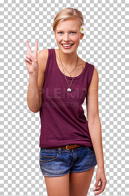 Buy stock photo Portrait, review and woman with peace, sign and confident girl isolated on a transparent background. Face, person and model with v symbol, emoji or humor with feedback, freedom and happiness with png