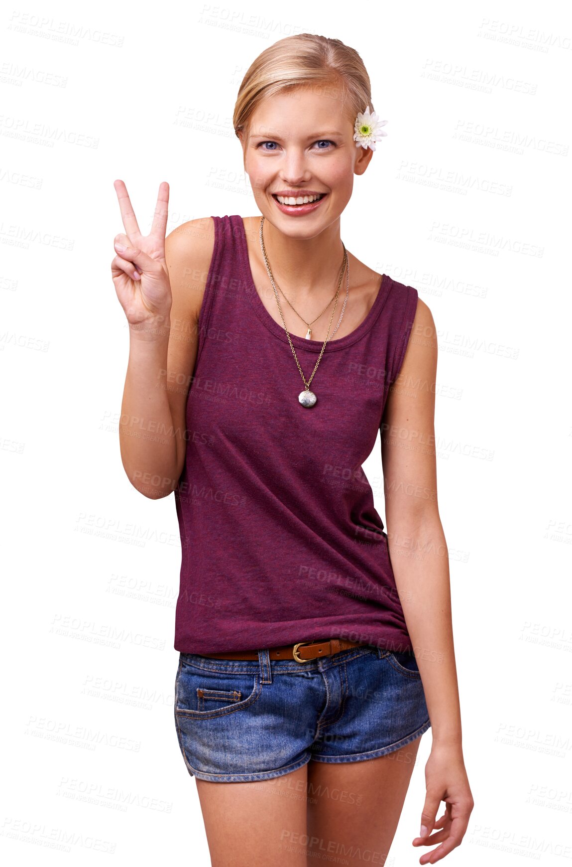 Buy stock photo Portrait, review and woman with peace, sign and confident girl isolated on a transparent background. Face, person and model with v symbol, emoji or humor with feedback, freedom and happiness with png