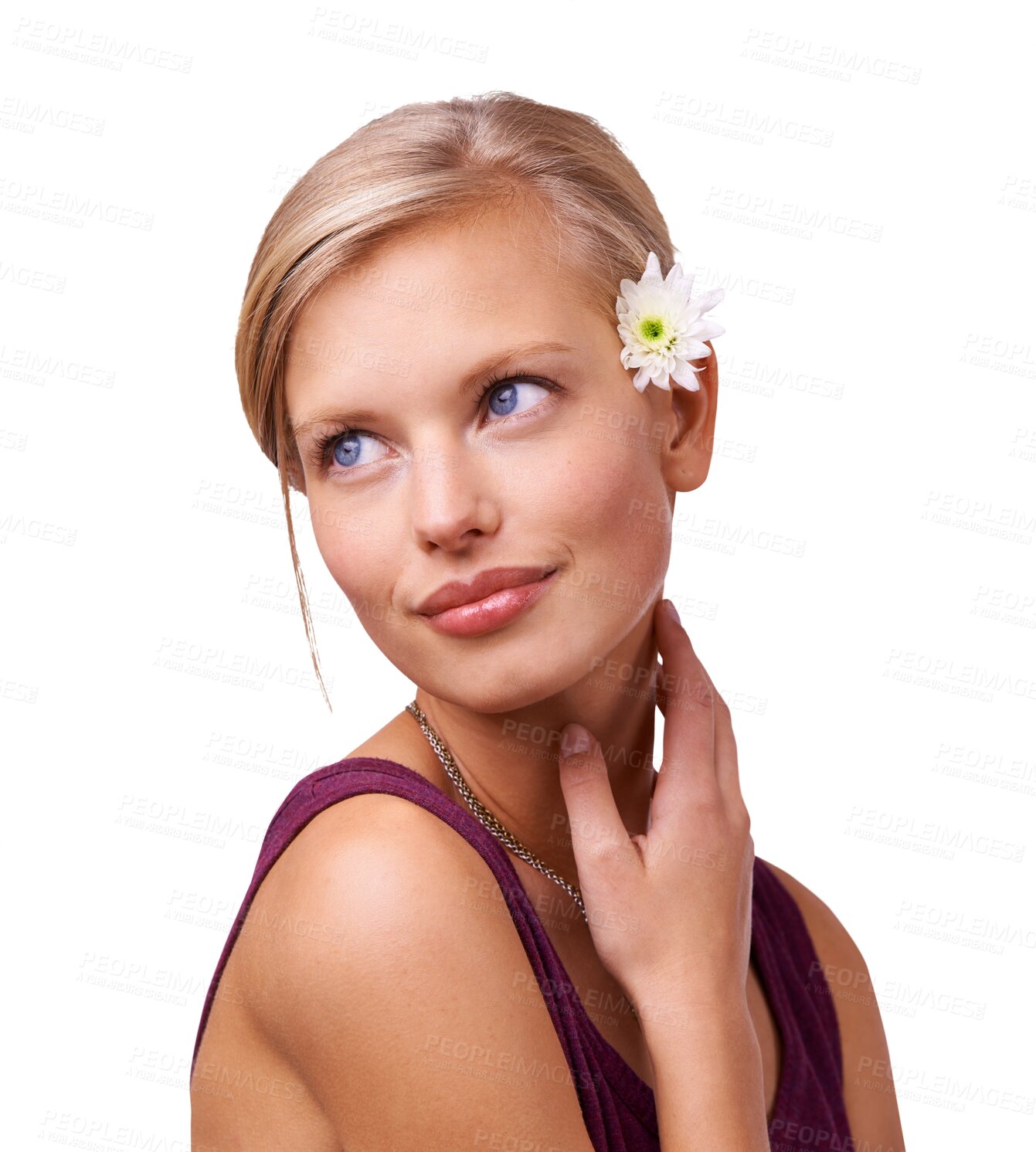 Buy stock photo Face, idea and flower with a woman isolated on a transparent background for thoughtful contemplation. Memory, question or thinking of the future with a happy young person on PNG for fantasy planning